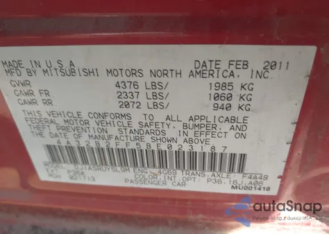 2011 Mitsubishi Galant Fe из США, поврежденный, VIN 4A32B2FF5BE023187